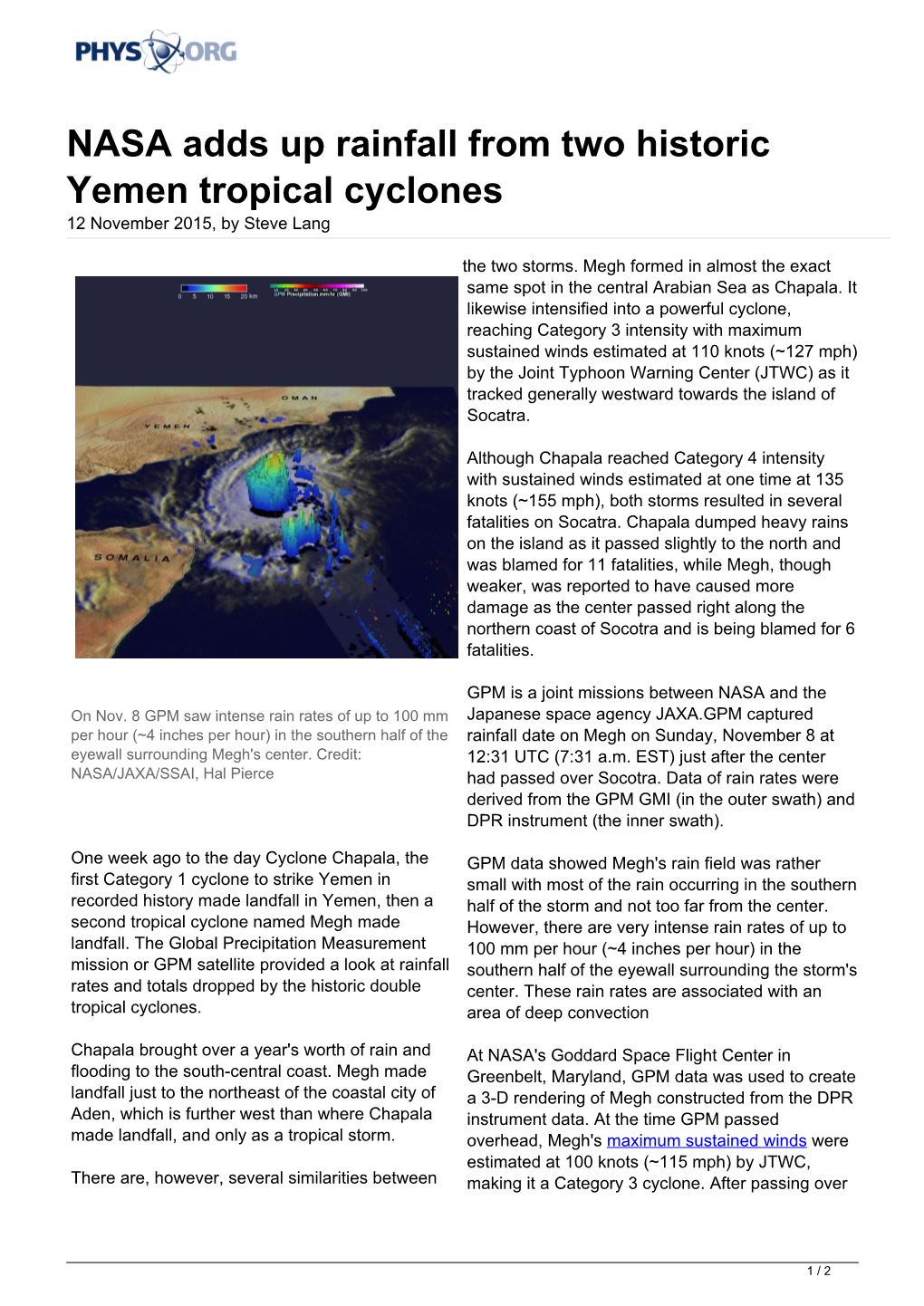 NASA Adds up Rainfall from Two Historic Yemen Tropical Cyclones 12 November 2015, by Steve Lang