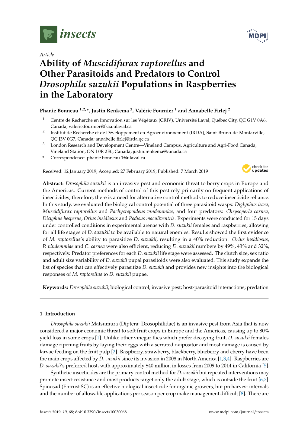 Ability of Muscidifurax Raptorellus and Other Parasitoids and Predators to Control Drosophila Suzukii Populations in Raspberries in the Laboratory