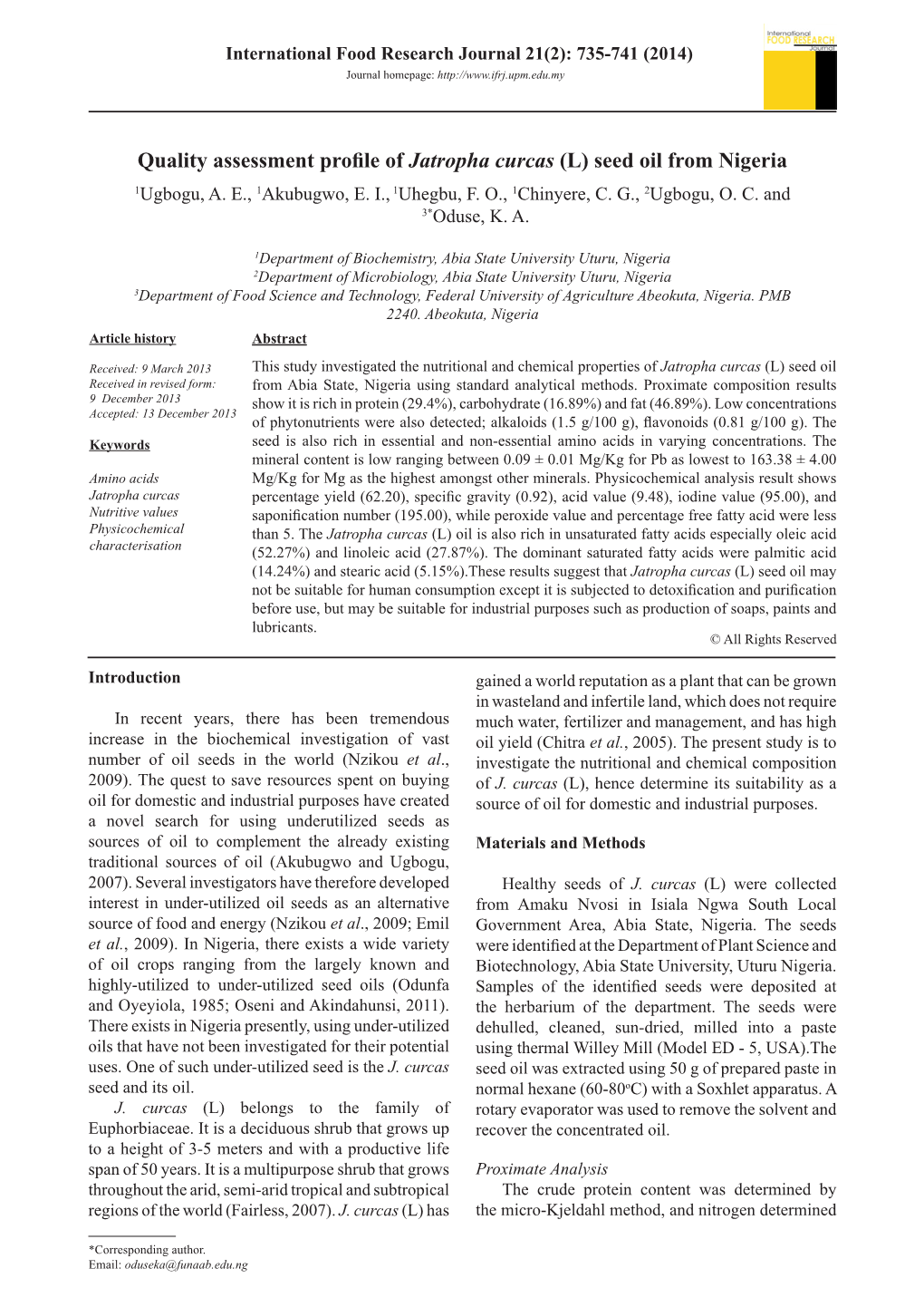 Quality Assessment Profile of Jatropha Curcas