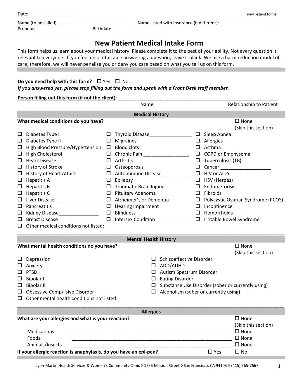 New Patient Medical Intake Form This Form Helps Us Learn About Your Medical History