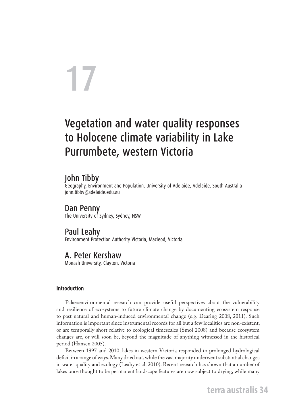 Vegetation and Water Quality Responses to Holocene Climate Variability in Lake Purrumbete, Western Victoria