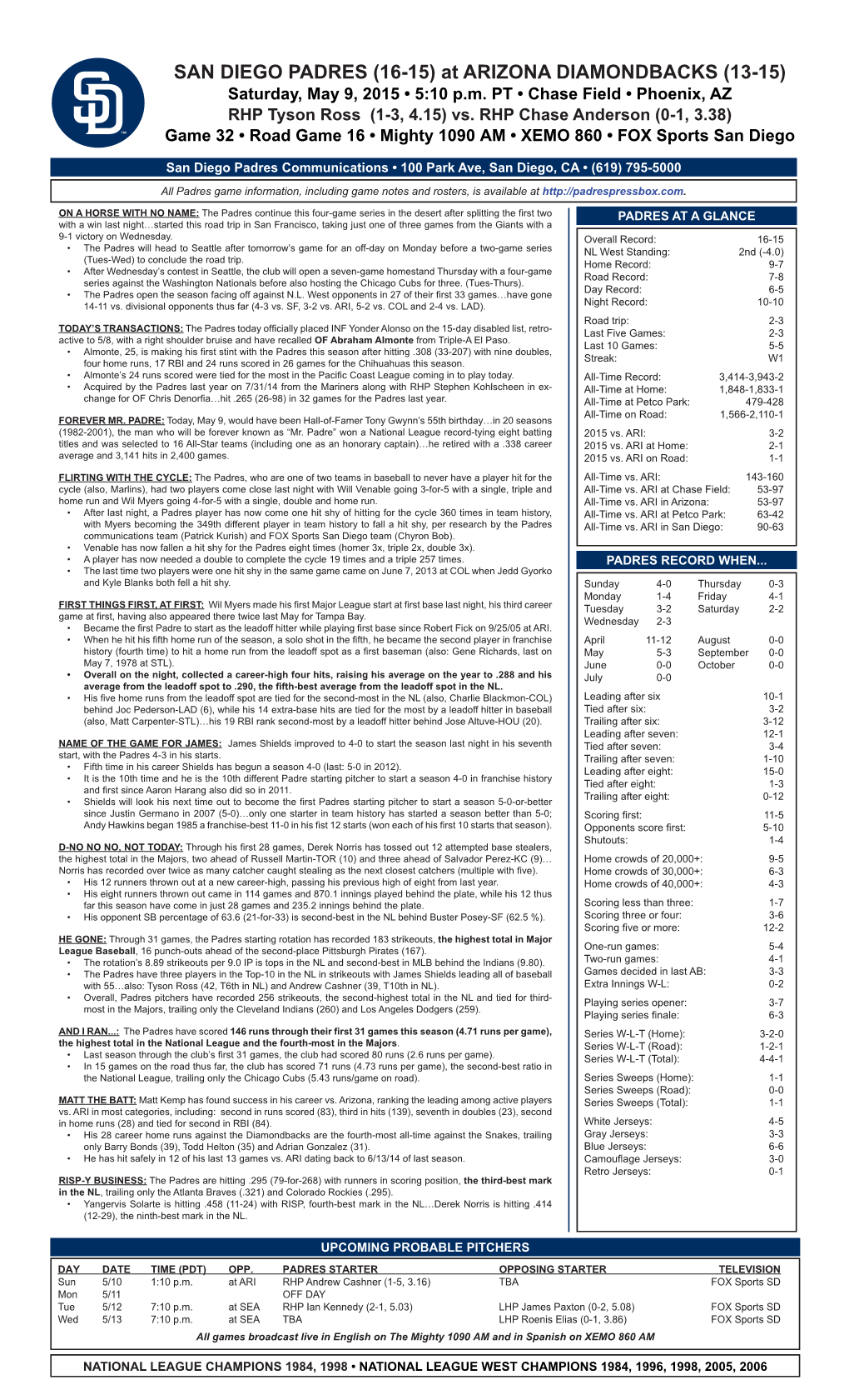 SAN DIEGO PADRES (16-15) at ARIZONA DIAMONDBACKS (13-15) Saturday, May 9, 2015 • 5:10 P.M