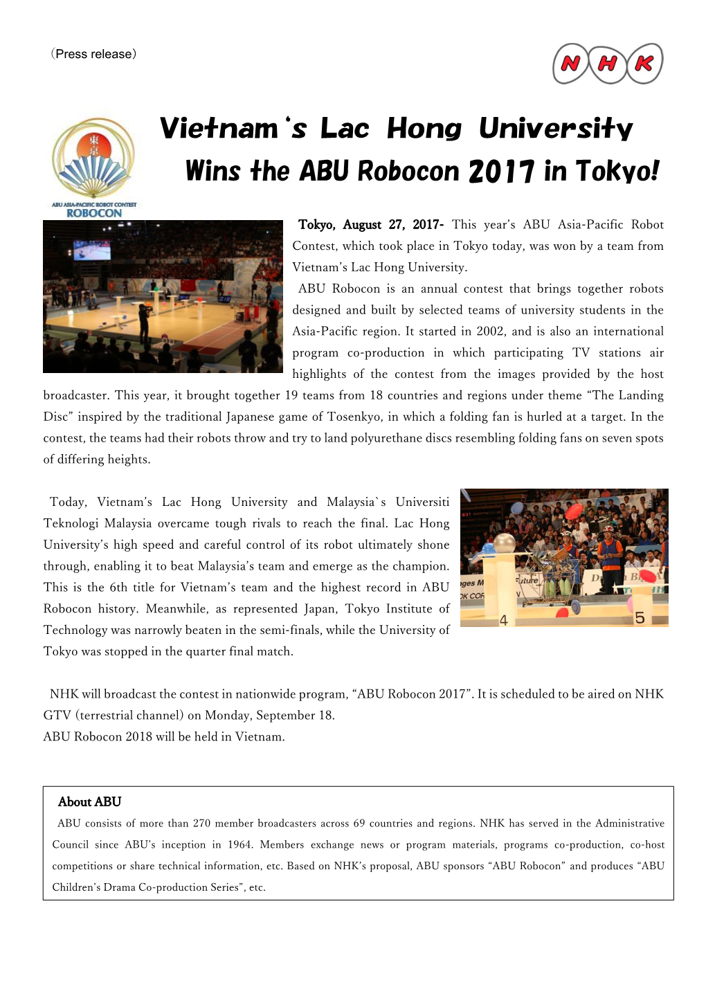 Vietnam's Lac Hong University Wins the ABU Robocon 2017 in Tokyo!
