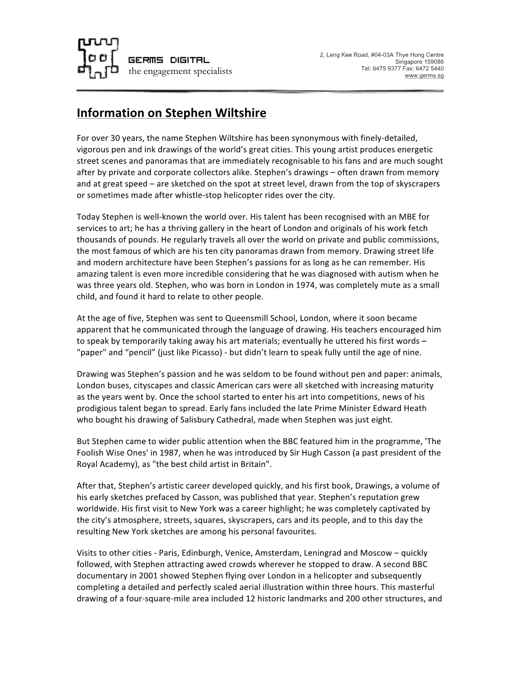 Stephen Wiltshire Info Sheet