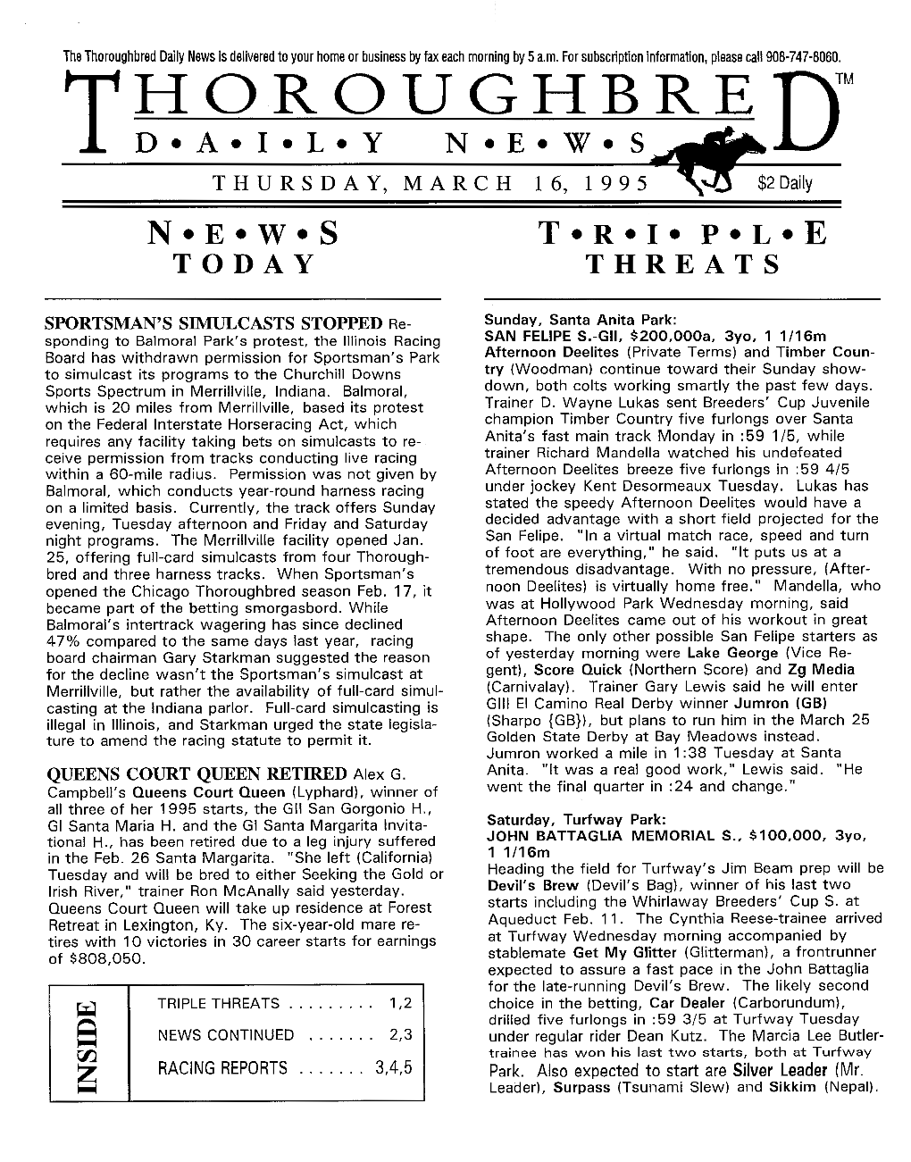 T~Pi~~Un~~~Re D™ T H U R S D a Y, M a Rc H 1 6, 1 9 9 5 T•R•I• P•L•E Threats