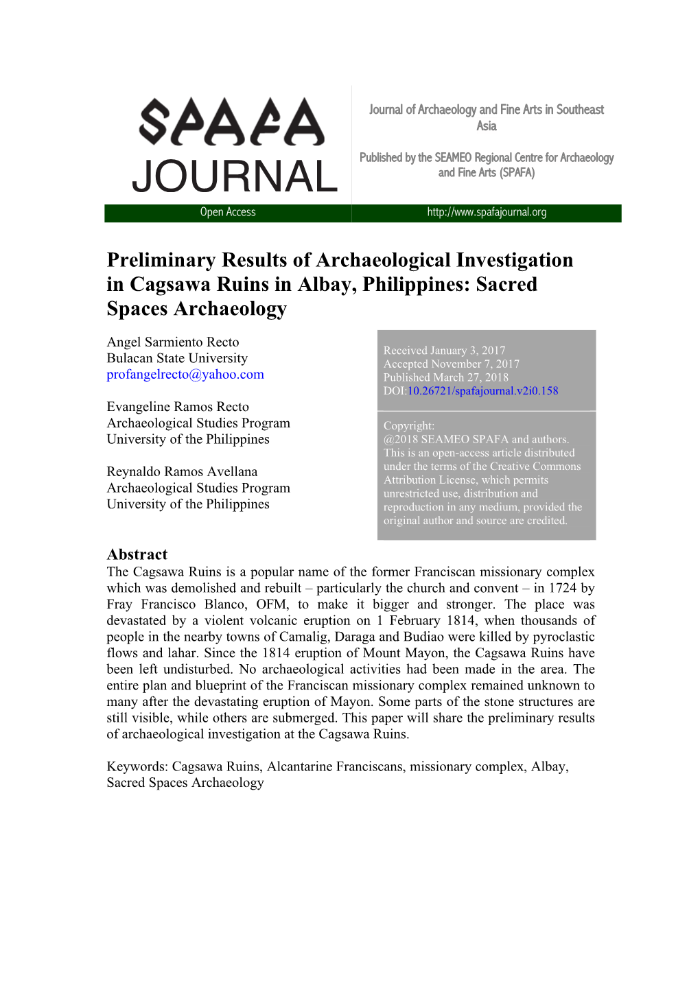 Preliminary Results of Archaeological Investigation in Cagsawa Ruins in Albay, Philippines: Sacred Spaces Archaeology