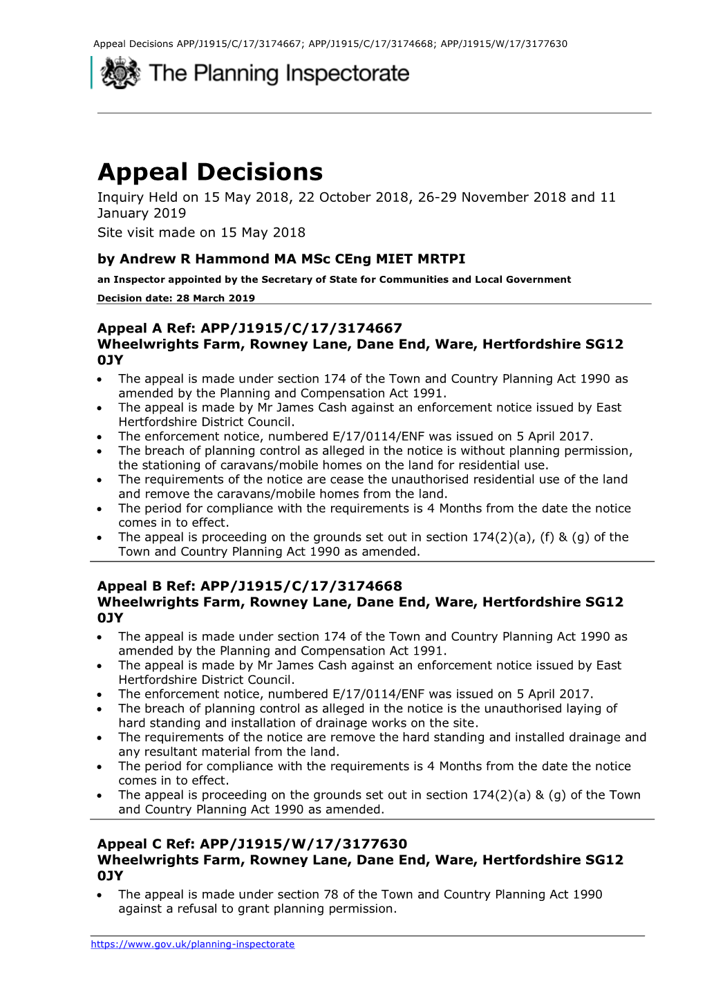 Appeal Decisions APP/J1915/C/17/3174667; APP/J1915/C/17/3174668; APP/J1915/W/17/3177630