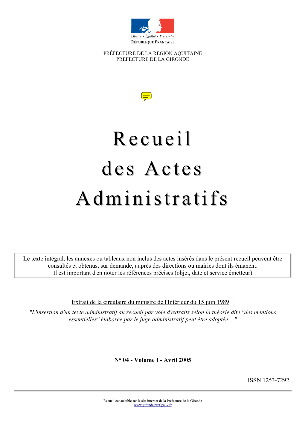 Recueil Des Actes Administratifs N° 04 - Volume I - Avril 2005 – Page 2 COLLECTIVITES LOCALES - Intercommunalité