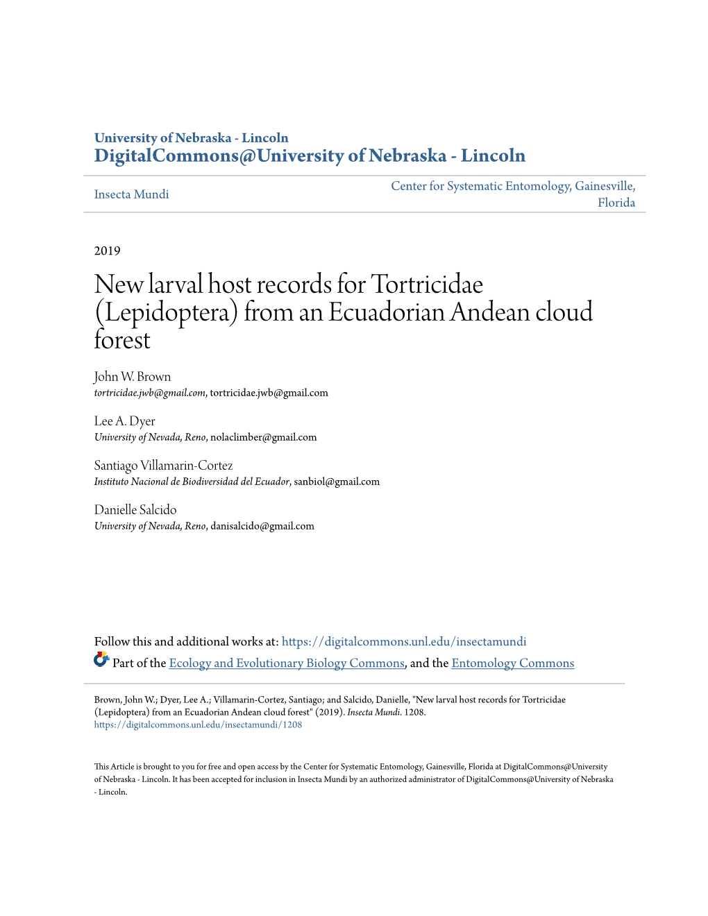 New Larval Host Records for Tortricidae (Lepidoptera) from an Ecuadorian Andean Cloud Forest John W