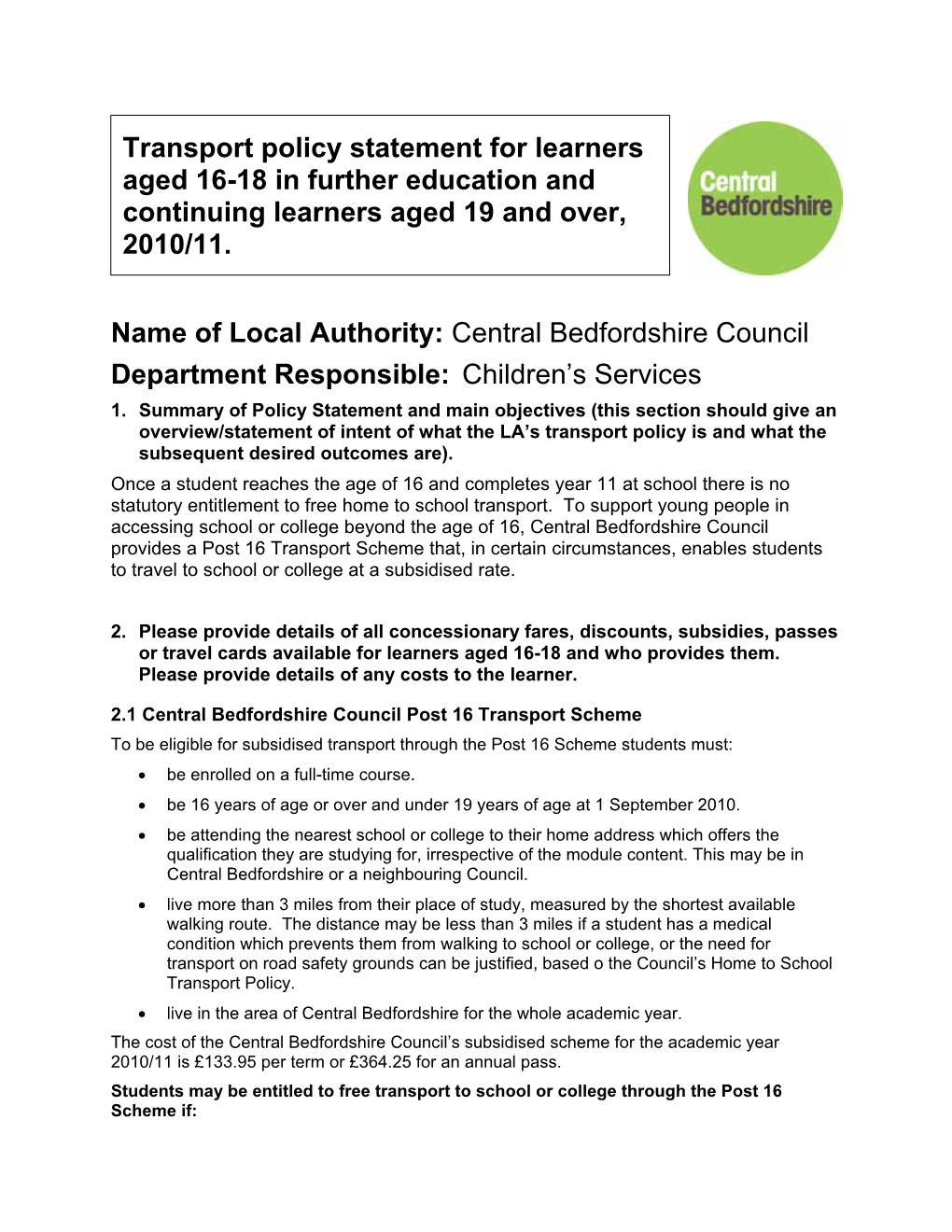 Transport Policy Statement for Learners Aged 16-18 in Further Education and Continuing Learners Aged 19 and Over, 2010/11