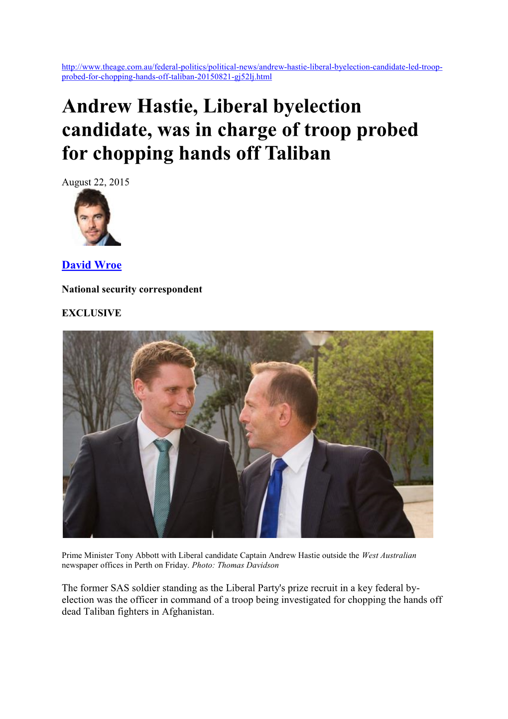 Andrew Hastie, Liberal Byelection Candidate, Was in Charge of Troop Probed for Chopping Hands Off Taliban
