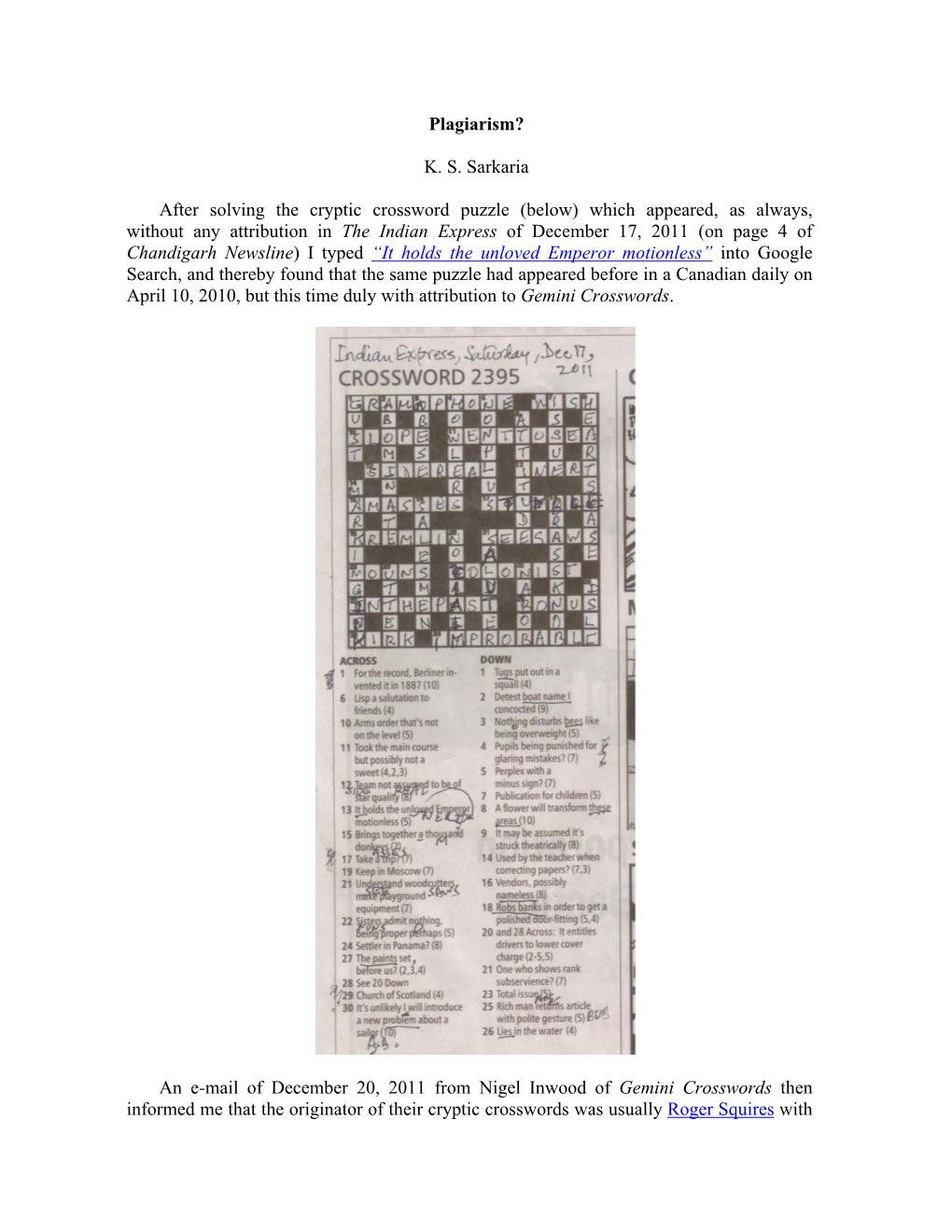 Plagiarism? K. S. Sarkaria After Solving the Cryptic Crossword Puzzle