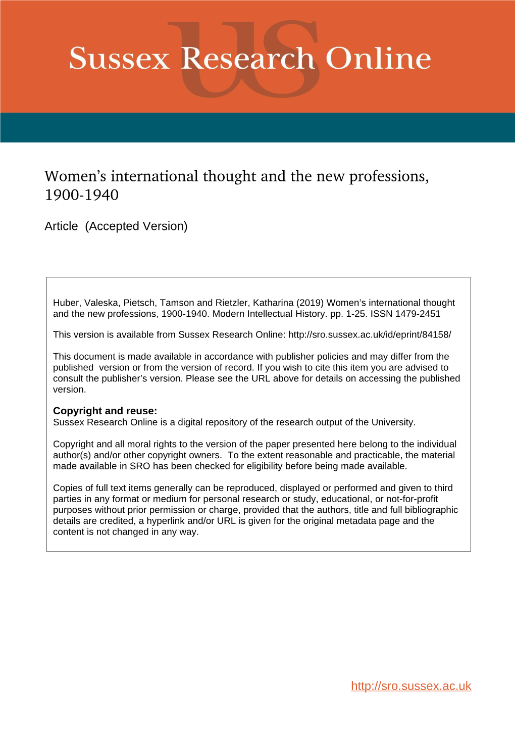 Women's International Thought and the New Professions, 19001940