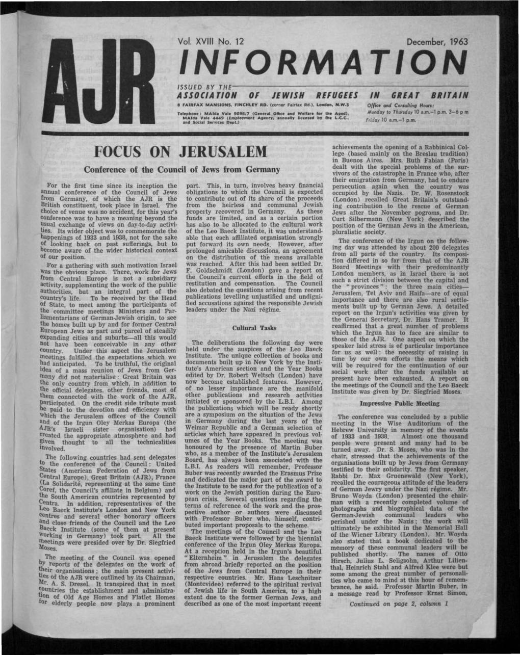 INFORMATION ISSUED by the ASSOCI AT/ON of JEWISH REFUGEES in GREAT BRITAIN 8 FAIRFAX MANSIONS, FINCHLEY RD, (Corner Fairfax Rd), London