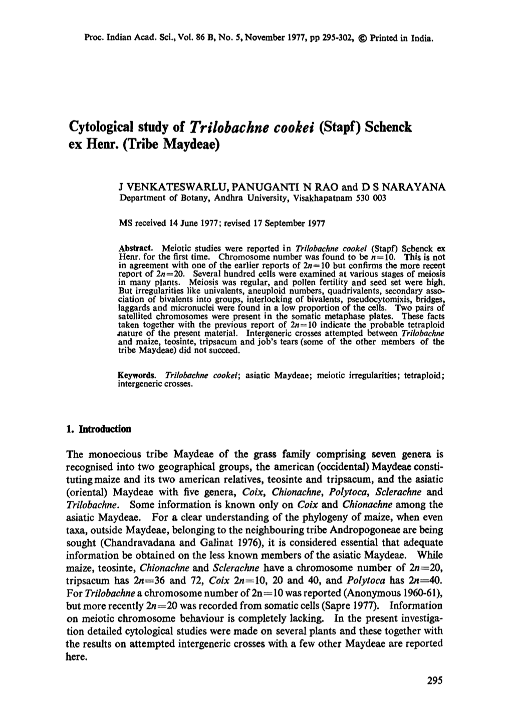 Cytological Study of Trilobachne Cookei (Stapf) Schenck Ex Henx