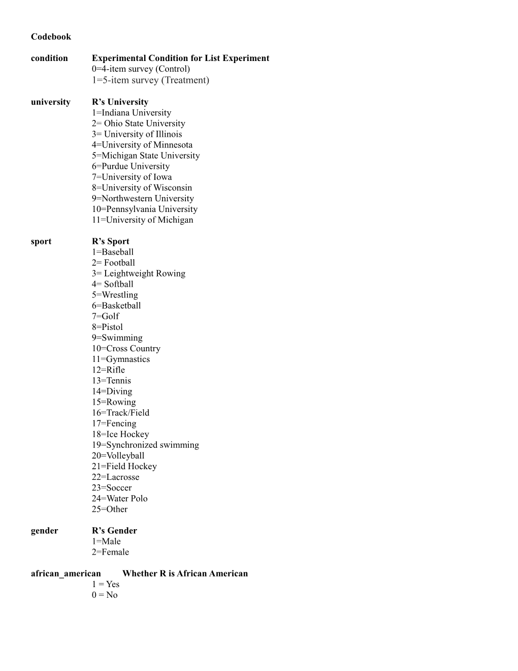 Condition Experimental Condition for List Experiment