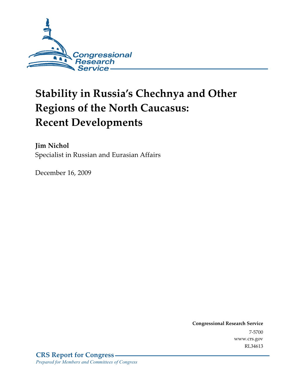 Stability in Russia's Chechnya and Other Regions of the North Caucasus