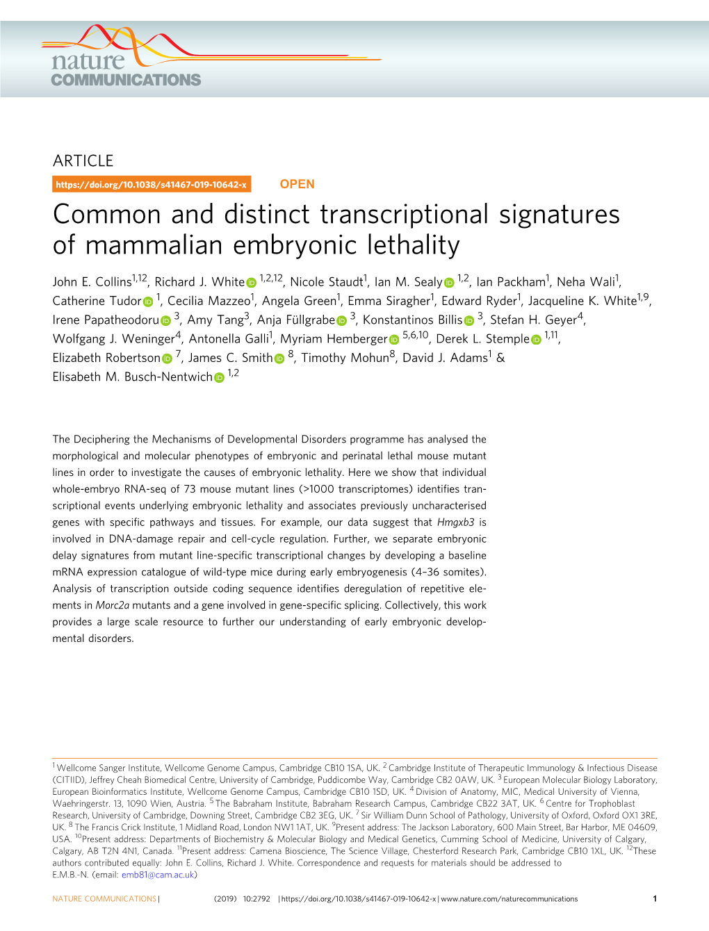 Common and Distinct Transcriptional Signatures of Mammalian Embryonic Lethality