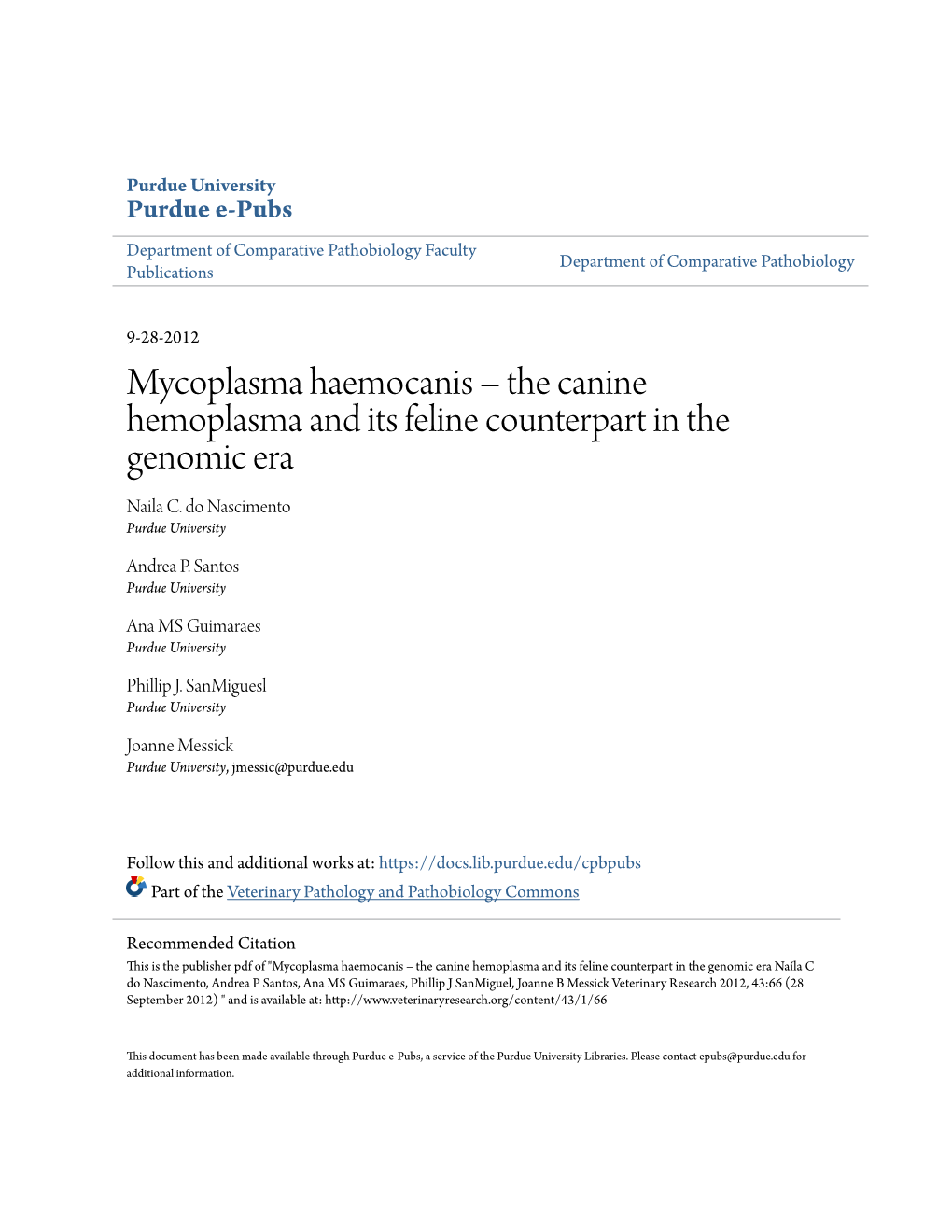 Mycoplasma Haemocanis Â•Fi the Canine Hemoplasma and Its Feline