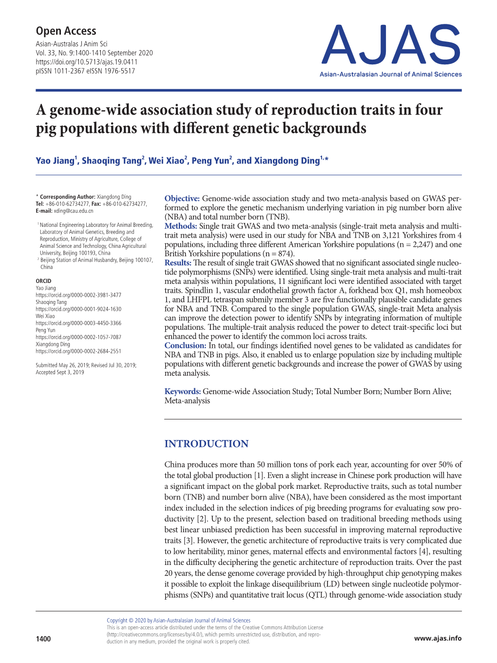 A Genome-Wide Association Study of Reproduction Traits in Four Pig Populations with Different Genetic Backgrounds