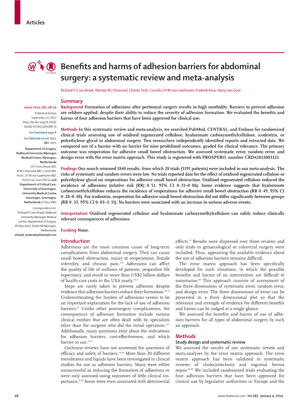 Benefits and Harms of Adhesion Barriers for Abdominal Surgery: A
