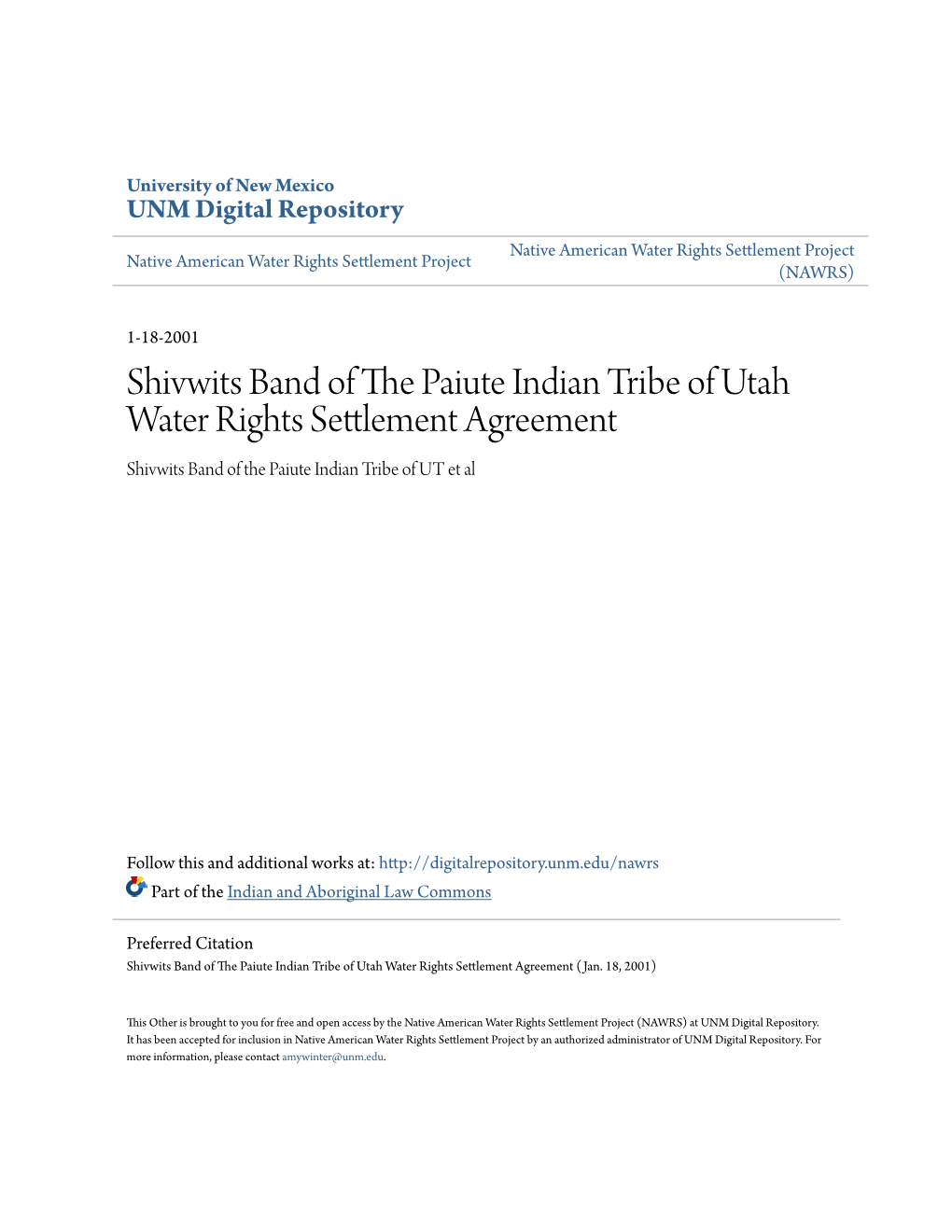 Shivwits Band of the Paiute Indian Tribe of Utah Water Rights Settlement Act