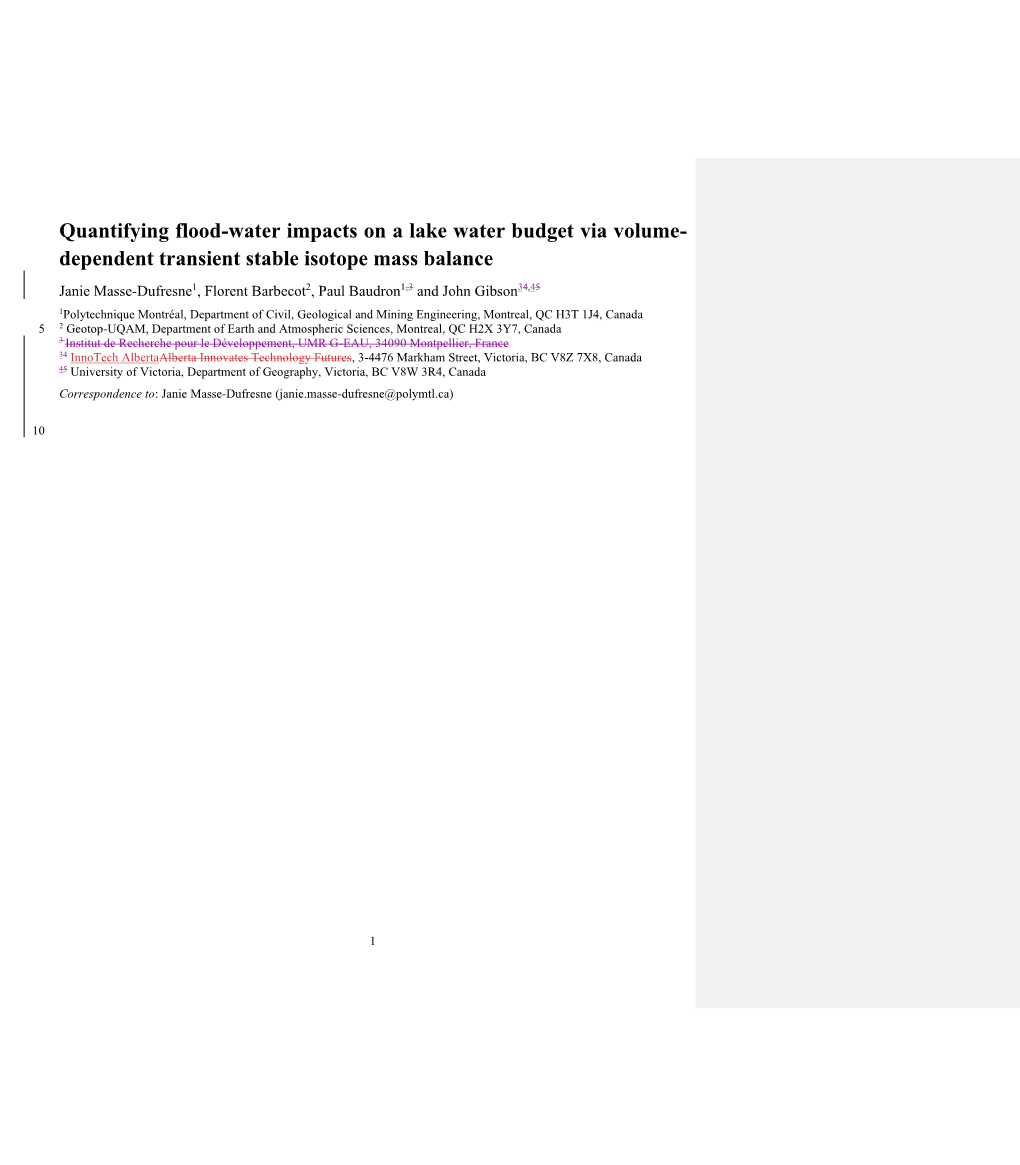 Quantifying Flood-Water Impacts on a Lake Water Budget Via Volume- Dependent Transient Stable Isotope Mass Balance