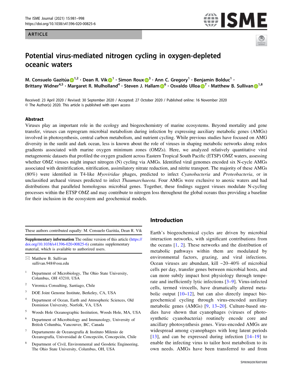 Potential Virus-Mediated Nitrogen Cycling in Oxygen-Depleted Oceanic Waters