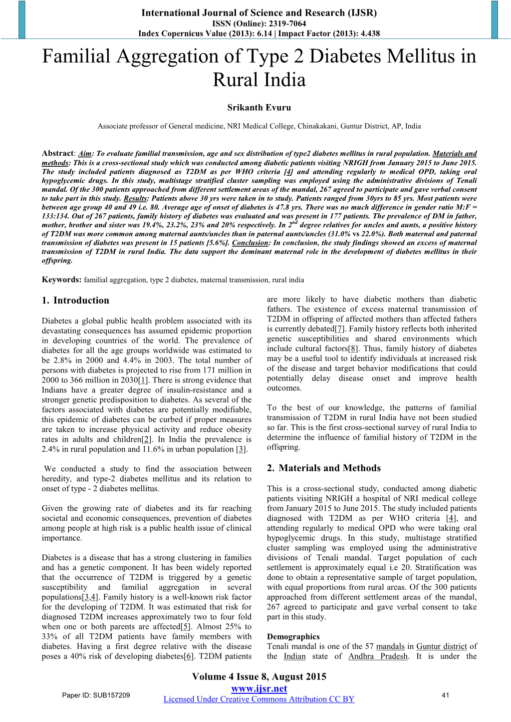 Familial Aggregation of Type 2 Diabetes Mellitus in Rural India