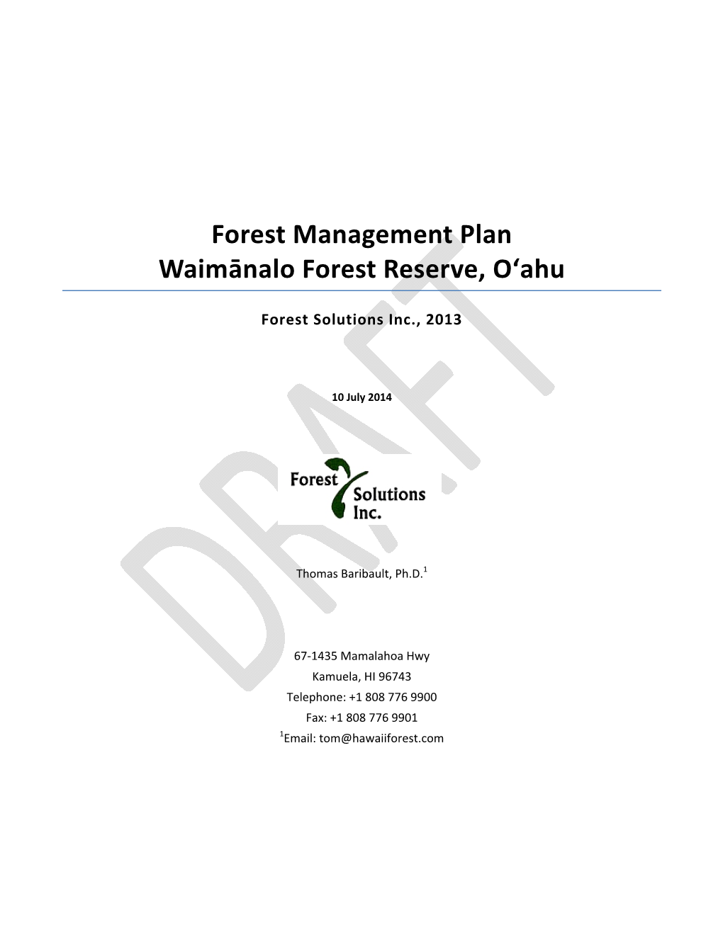 Waimānalo Forest Reserve Management Plan 2013