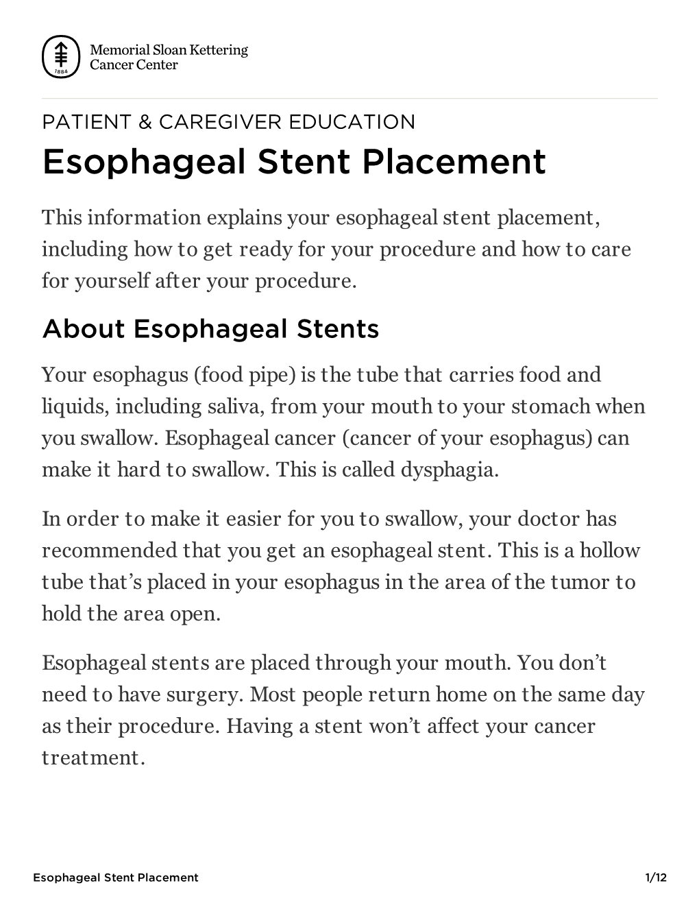 Esophageal Stent Placement | Memorial Sloan Kettering Cancer