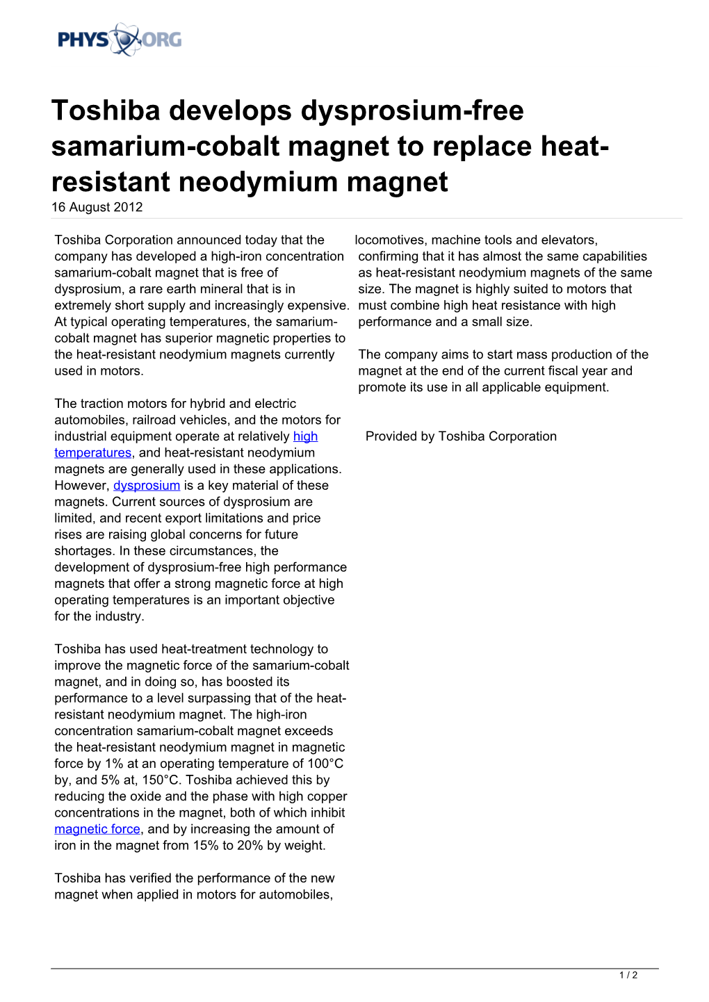 Toshiba Develops Dysprosium-Free Samarium-Cobalt Magnet to Replace Heat- Resistant Neodymium Magnet 16 August 2012