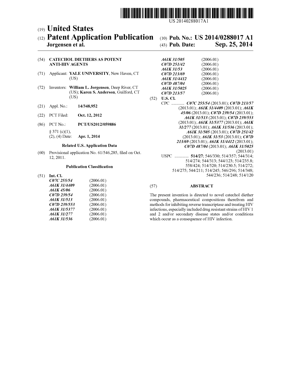 (12) Patent Application Publication (10) Pub. No.: US 2014/0288017 A1 Jorgensen Et Al