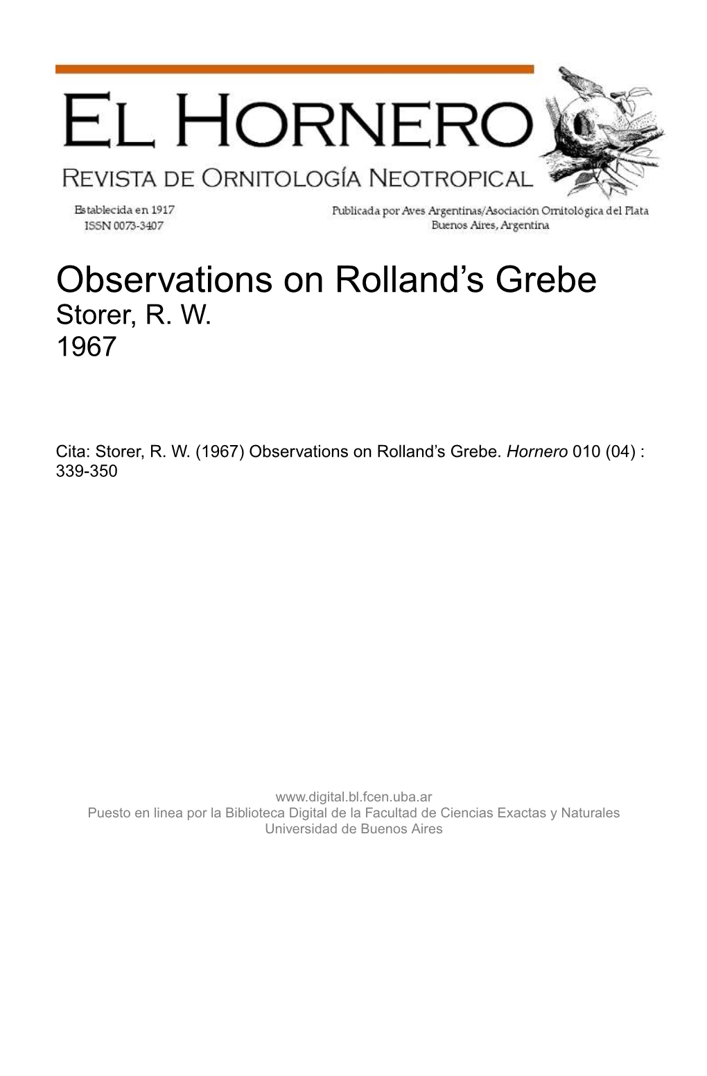 Storer, RW. "Observations on Rolland's Grebe"