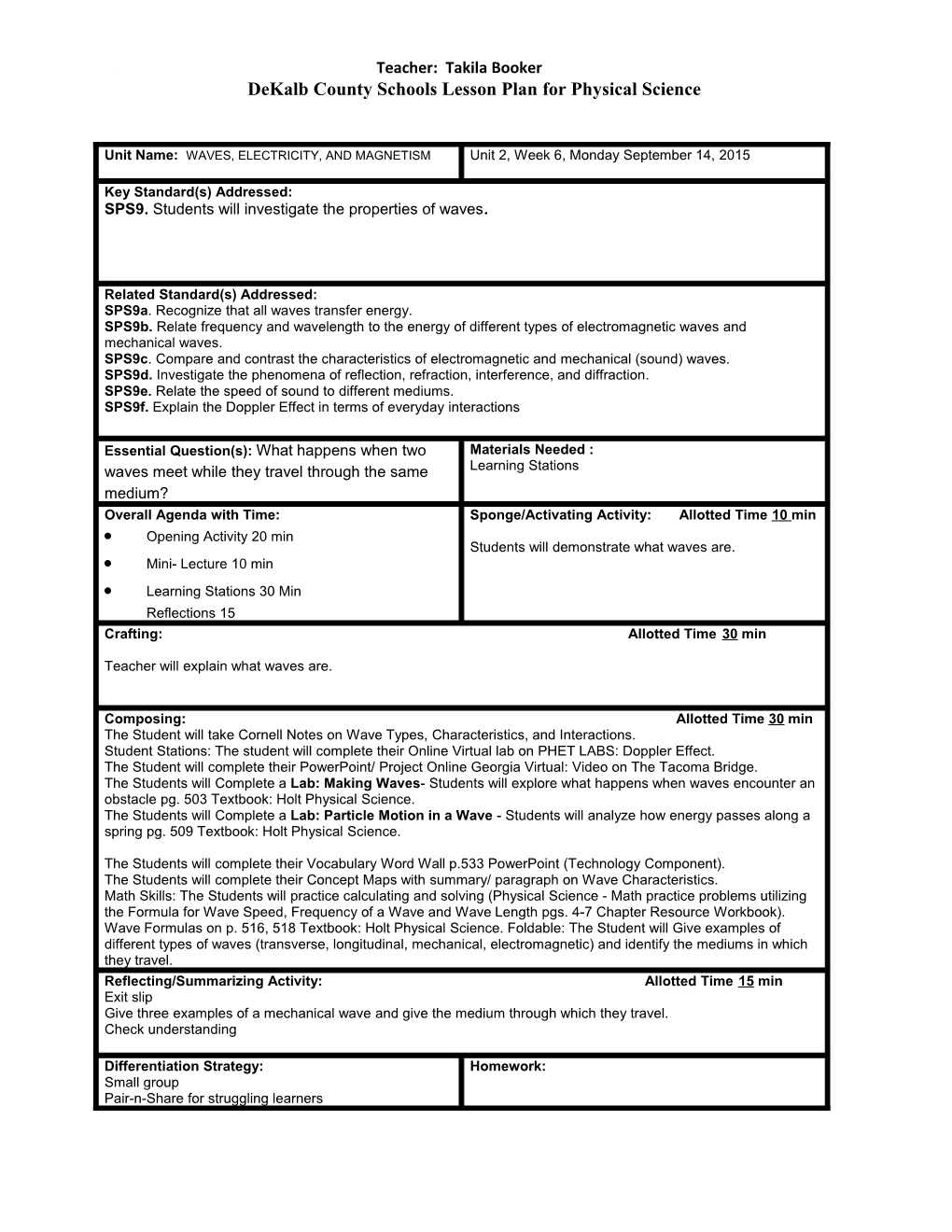 Dekalb County Schools Lesson Plan for Mathematics 1