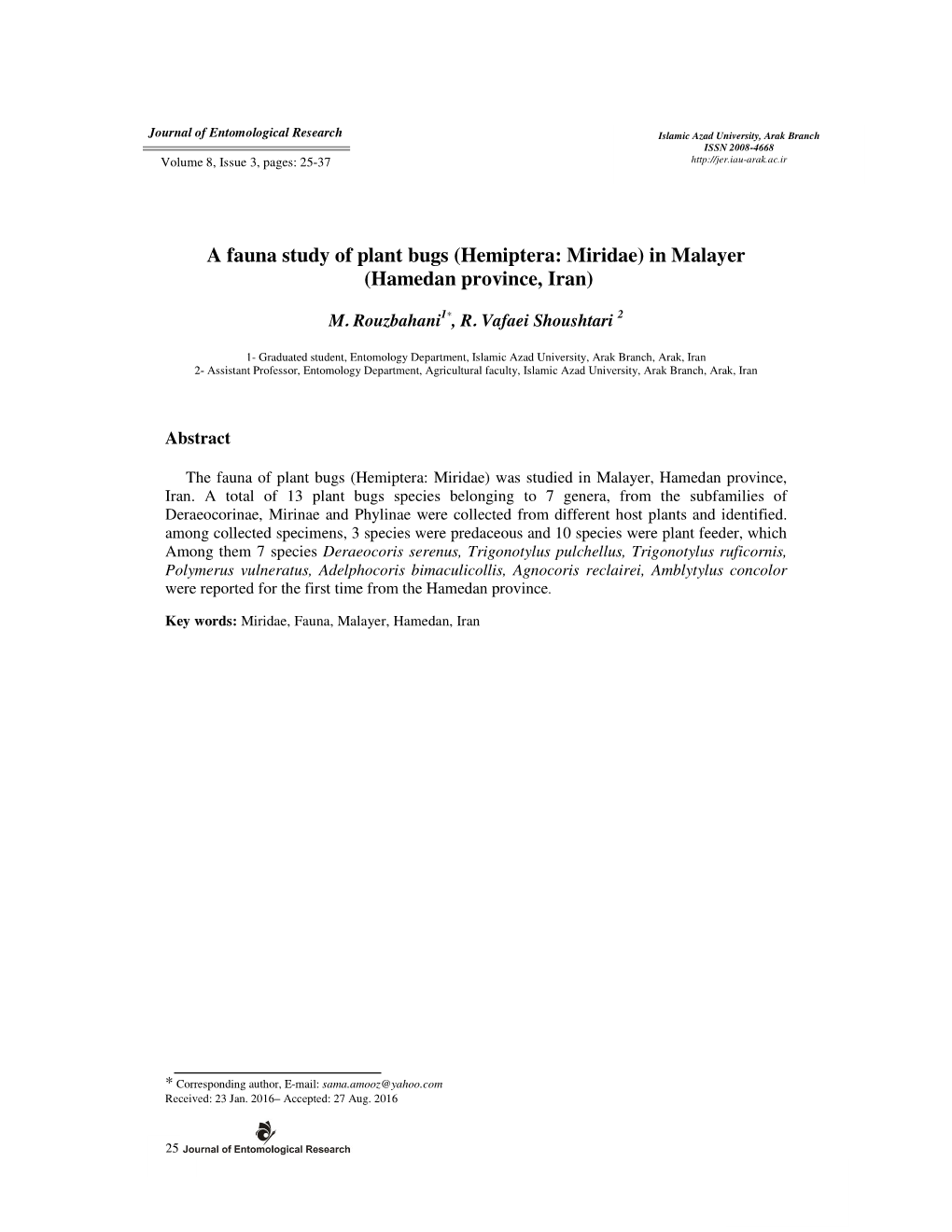 A Fauna Study of Plant Bugs (Hemiptera: Miridae) in Malayer (Hamedan Province, Iran)