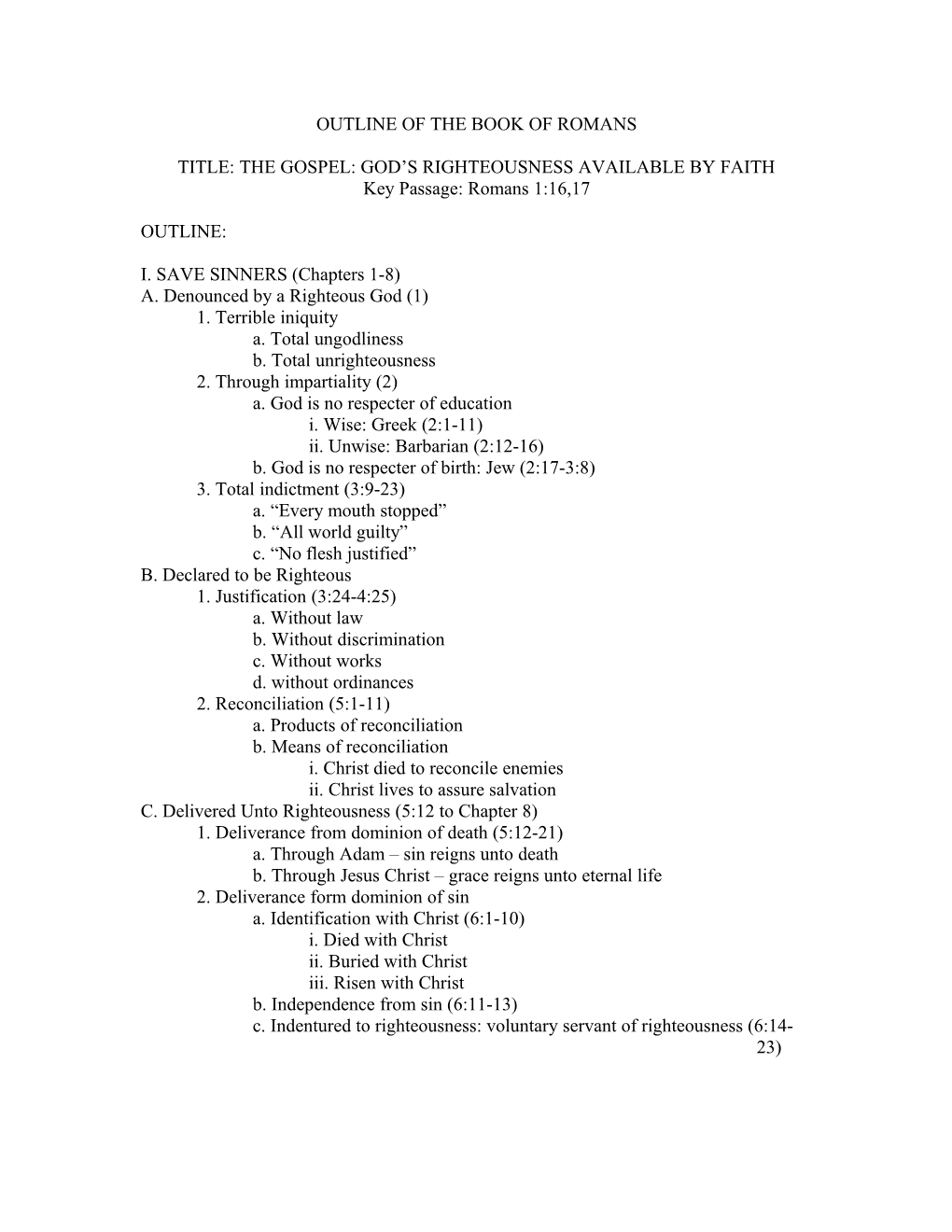 Outline of the Book of Romans