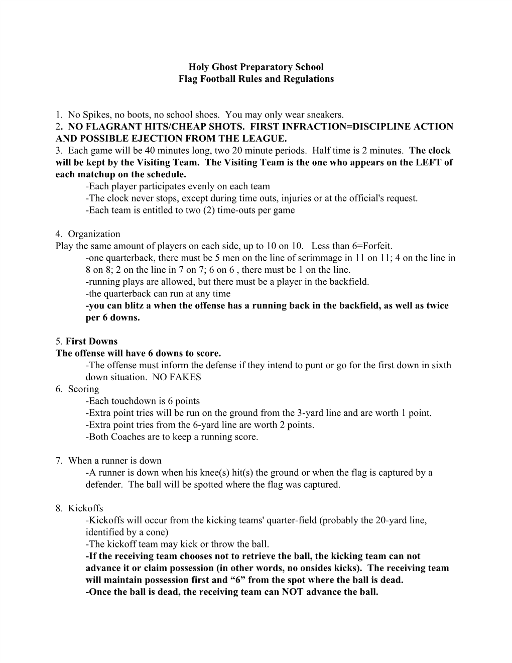 Holy Ghost Preparatory School Flag Football Rules and Regulations 1