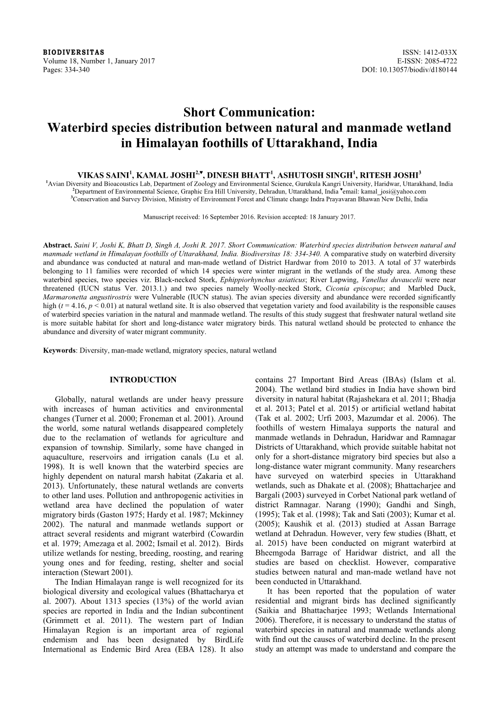 Waterbird Species Distribution Between Natural and Manmade Wetland in Himalayan Foothills of Uttarakhand, India