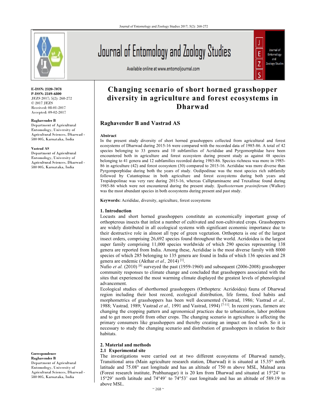 Changing Scenario of Short Horned Grasshopper Diversity in Agriculture