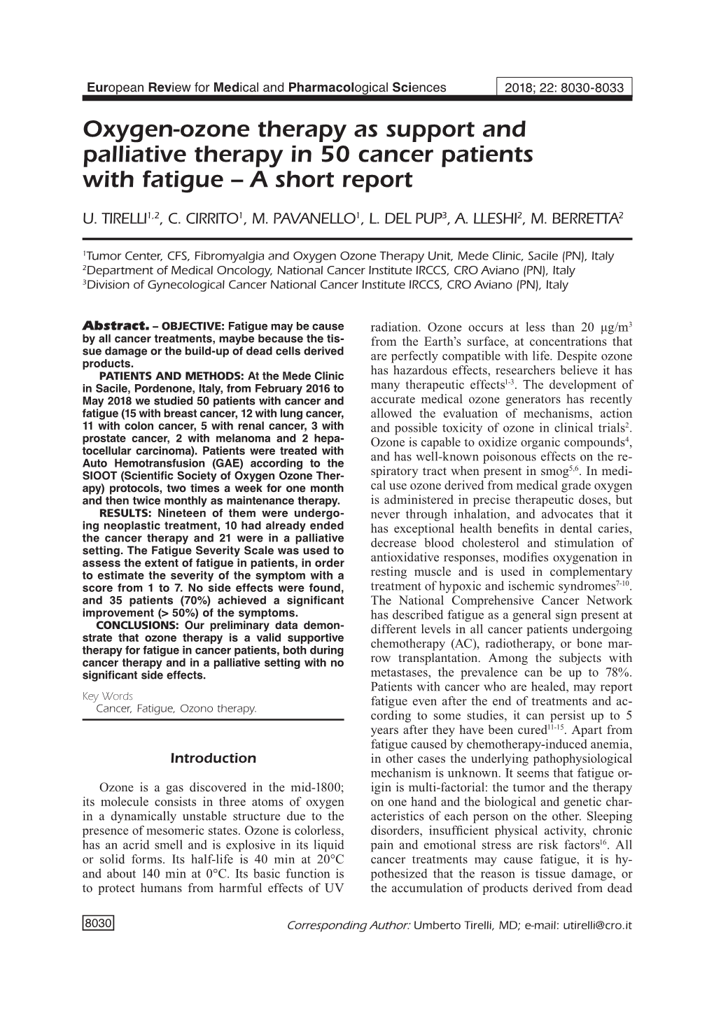 Oxygen-Ozone Therapy As Support and Palliative Therapy in 50 Cancer Patients with Fatigue – a Short Report