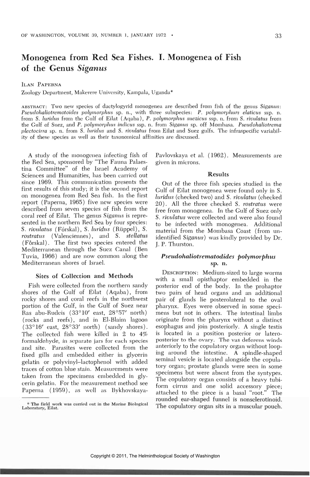 Monogenea from Red Sea Fishes. I. Monogenea of Fish of the Genus Siganus