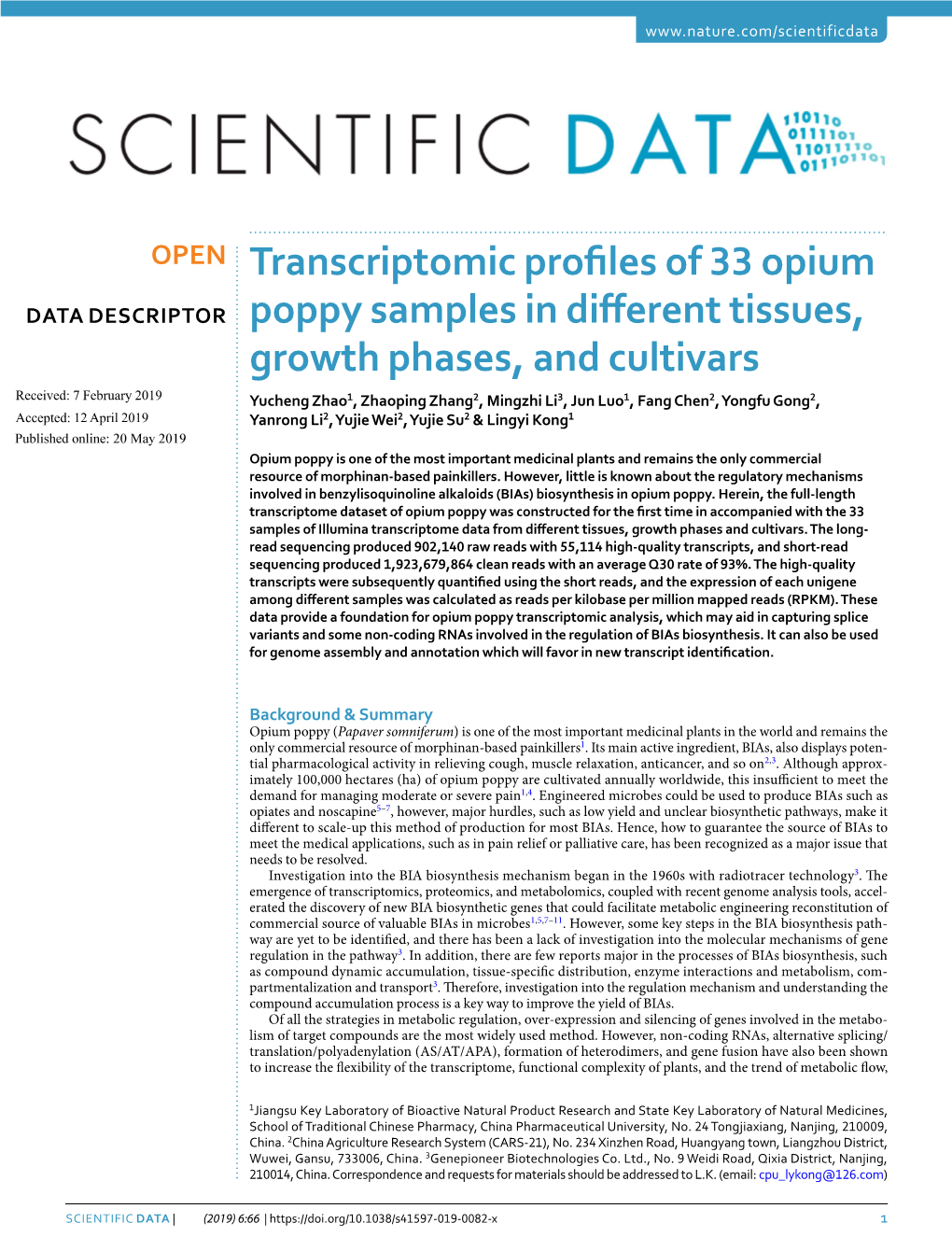 Transcriptomic Profiles of 33 Opium Poppy Samples in Different Tissues