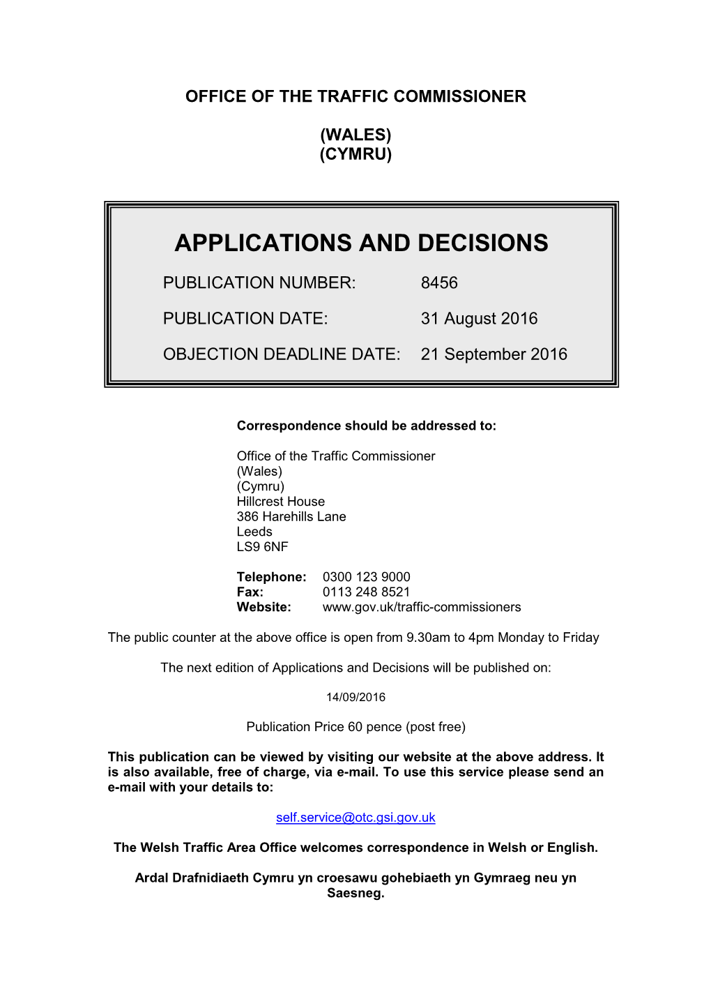 Applications and Decisions Wales August 31 2016