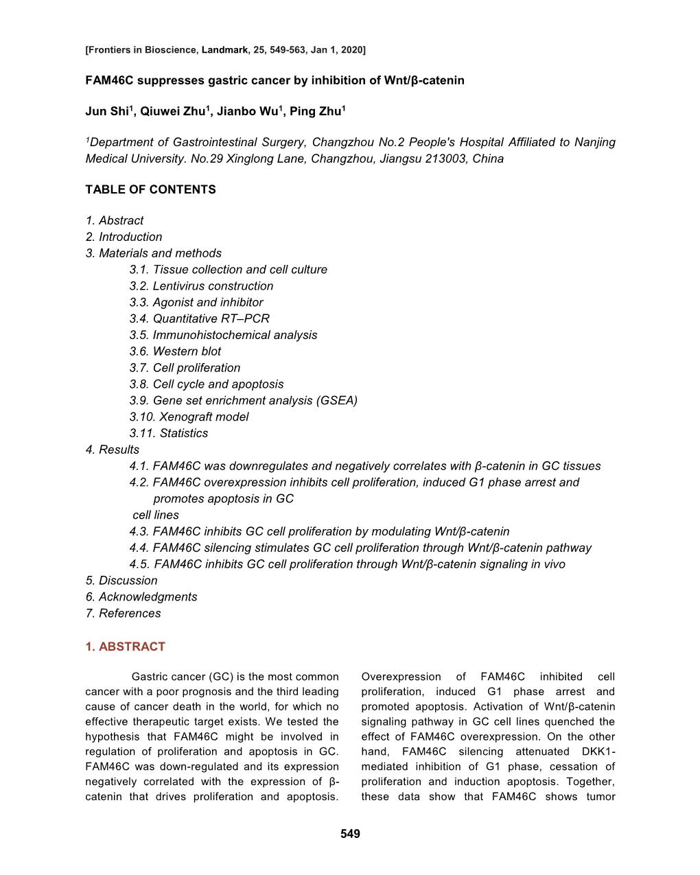 549 FAM46C Suppresses Gastric Cancer by Inhibition of Wnt/Β