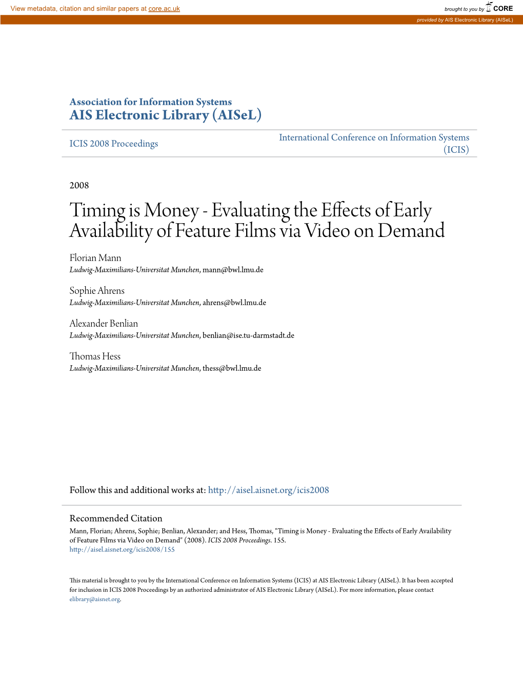 Evaluating the Effects of Early Availability of Feature Films Via Video on Demand Florian Mann Ludwig-Maximilians-Universitat Munchen, Mann@Bwl.Lmu.De