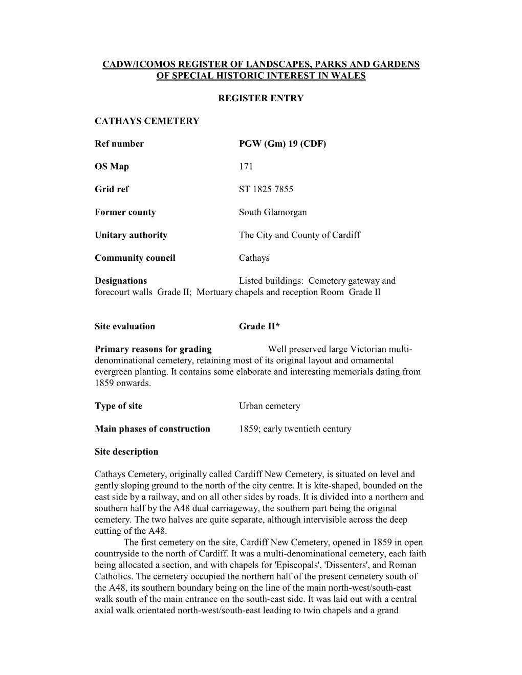 Cadw/Icomos Register of Landscapes, Parks and Gardens of Special Historic Interest in Wales Register Entry Cathays Cemetery