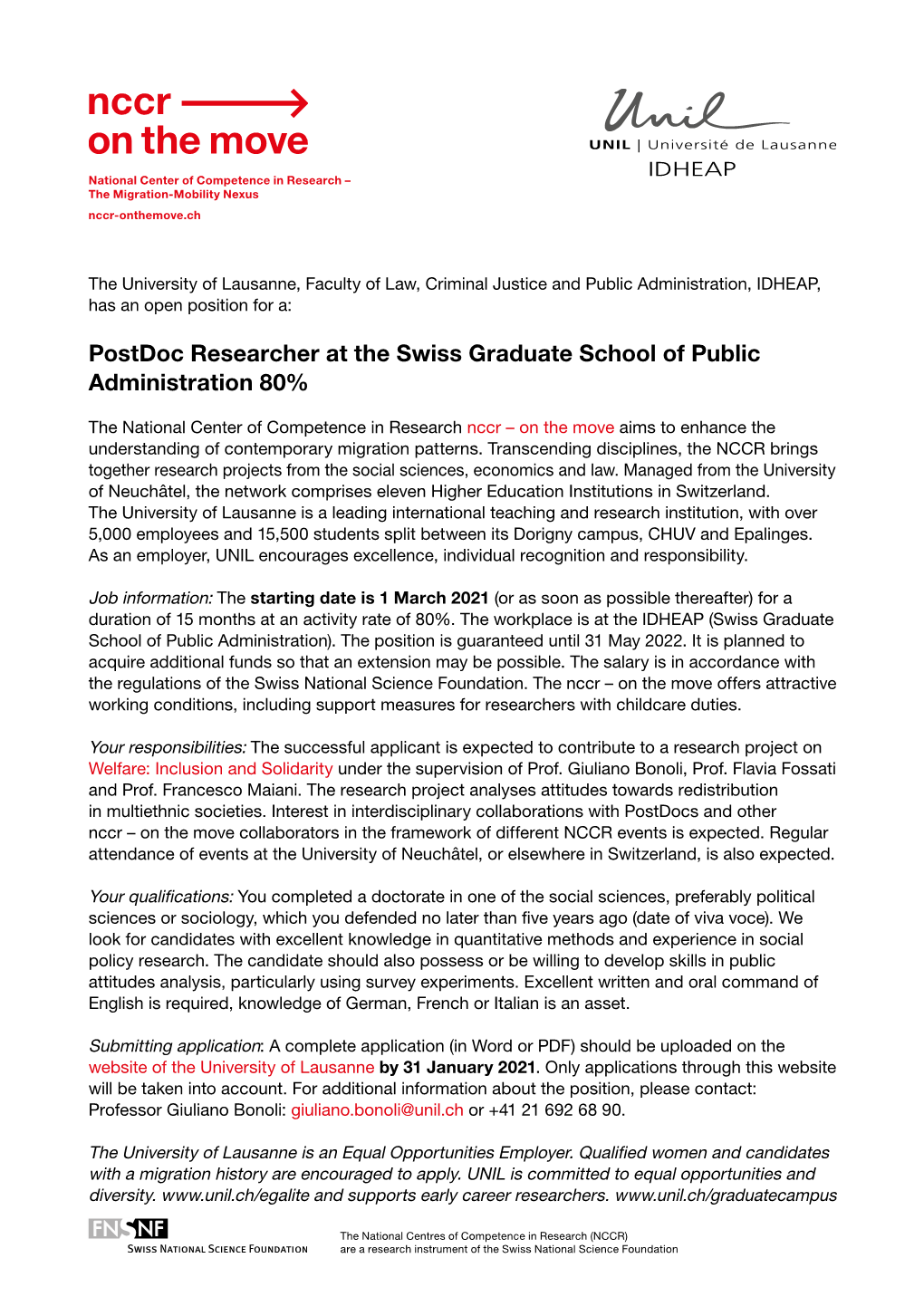 Postdoc Researcher at the Swiss Graduate School of Public Administration 80%