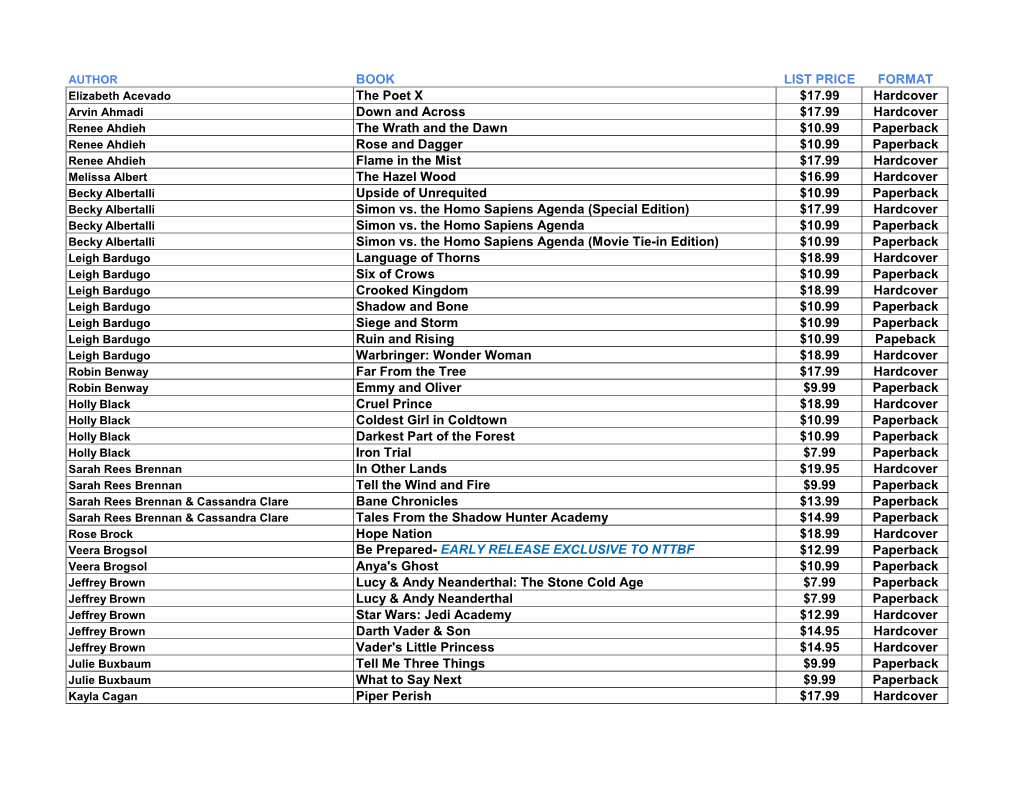 BOOK LIST PRICE FORMAT the Poet X $17.99 Hardcover Down And