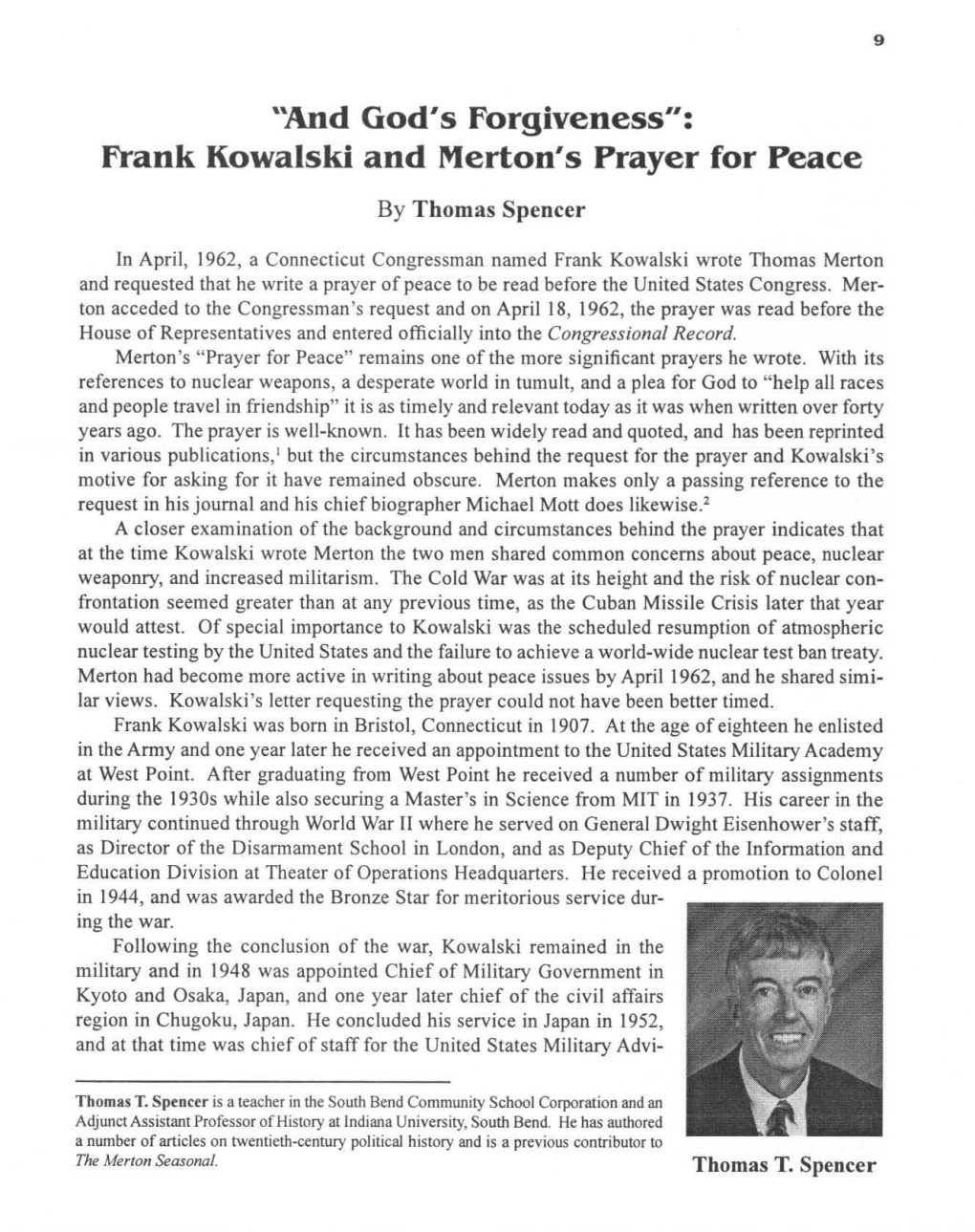 "And God's Forgiveness": Frank Kowalski and Merton's Prayer for Peace